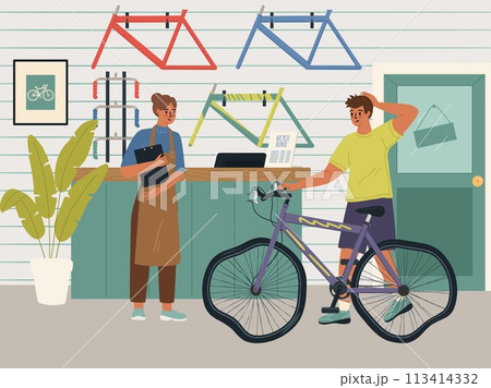 Unhappy cyclist bringing broken bicycle to repair shop garage Unhappy cyclist bringing broken bicycle to repair shop garage 113414332