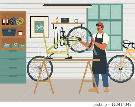 Mechanic worker replacing and fixing broken wheel of customer bicycle 113414342