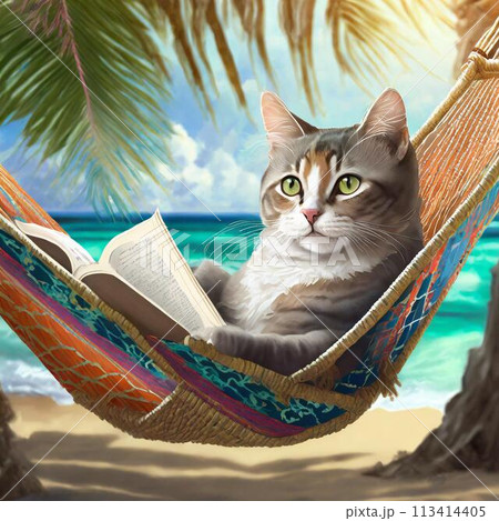 南の島でハンモックに揺られ本を読みくつろぐ猫 113414405