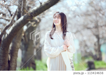 桜並木の河川敷を歩く女性 113414638