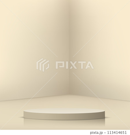 3d cream color podium and minimal cream color wall scene. 3d podium minimal abstract background. Vector 113414651