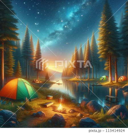 星空が見える湖畔のキャンプ 113414924