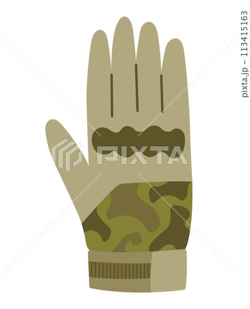 Military clothes, equipment for soldier. Woodland camouflage style, isolated icon. Isolated gloves. Flat cartoon, vector illustration Military clothes, equipment for soldier. Woodland camouflage style, isolated icon. Isolated gloves. Flat cartoon, vector illustration 113415163
