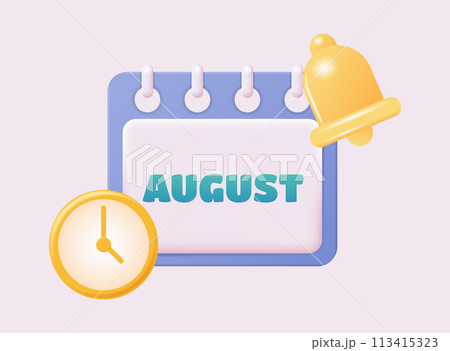 3d calendar icon. August. Daily schedule planner. Calendar events plan, work planning concept. 3d cartoon simple vector illustration 113415323