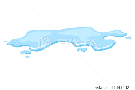 Water spill puddle. Blue liquid shape in flat cartoon style. Clean fluid drop design element isolted on white background 113415326