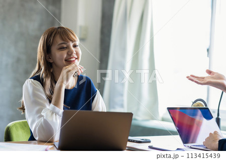 オフィスでミーティングする男女の会社員 オフィスでミーティングする男女の会社員 113415439