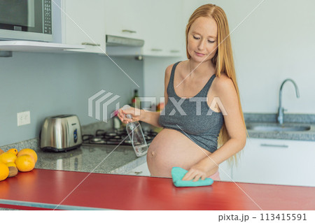Efficient and dedicated, a pregnant woman tackles kitchen chores, ensuring a clean and organized space, exemplifying resilience and care during her pregnancy 113415591