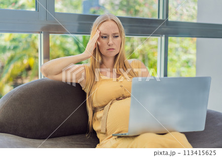 Weary pregnant woman, tired of working from home, navigates the challenges of balancing professional tasks with pregnancy demands Weary pregnant woman, tired of working from home, navigates the challenges of balancing professional tasks with pregnancy demands 113415625