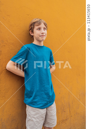 Cheerful teenage boy with joyful smile, happy male kid dressed in shirt standing against bright yellow background, exuding confidence and happiness, copy space Cheerful teenage boy with joyful smile, happy male kid dressed in shirt standing against bright yellow background, exuding confidence and happiness, copy space 113415650