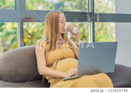 Tired pregnant woman at work drinks coffee caution advised due to potential harm of caffeine during pregnancy 113415756