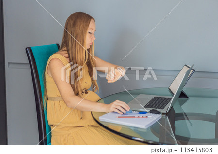 Beautiful pregnant woman working on laptop. Young businesswoman working in her office Beautiful pregnant woman working on laptop. Young businesswoman working in her office 113415803