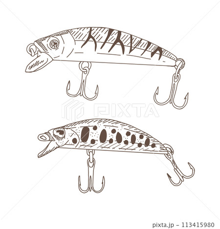 Fish hook minnow vector illustration tackle set. Fly gudgeon spinner lure feeding. Bait line drawing ink silhouette Black outline drawing. Fishing spoon angler tool. Sharp triple catch sport equipment Fish hook minnow vector illustration tackle set. Fly gudgeon spinner lure feeding. Bait line drawing ink silhouette Black outline drawing. Fishing spoon angler tool. Sharp triple catch sport equipment 113415980