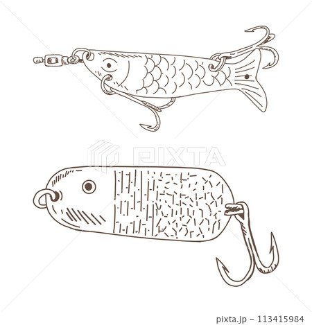 Fish hook minnow vector illustration tackle set. Fly metal spinner lure feeding. Bait line drawing. Ink silhouette black outline drawing. Fishing spoon angler tool. Sharp triple catch sport equipment  113415984