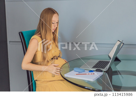 Beautiful pregnant woman working on laptop. Young businesswoman working in her office Beautiful pregnant woman working on laptop. Young businesswoman working in her office 113415986