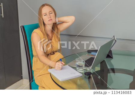 Beautiful pregnant woman working on laptop. Young businesswoman working in her office 113416083