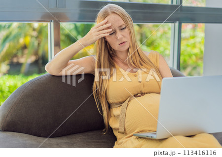 Weary pregnant woman, tired of working from home, navigates the challenges of balancing professional tasks with pregnancy demands 113416116