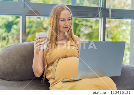 Tired pregnant woman at work drinks coffee caution advised due to potential harm of caffeine during pregnancy 113416121
