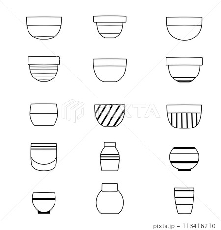 Vector set of contour ceramic vases isolated from background. Monochrome outline collection clip art of various clay flowerpots 113416210