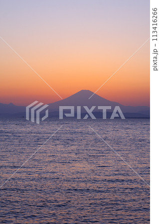 美しい夕焼け空と湘南の海、富士山 113416266