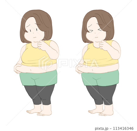 お腹をつまむ太り気味の女性 セット お腹をつまむ太り気味の女性 セット 113416346