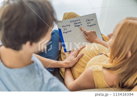 Expectant couple diligently compiles a list of doctor-prescribed vitamins for a healthy pregnancy, ensuring optimal care and well-being Expectant couple diligently compiles a list of doctor-prescribed vitamins for a healthy pregnancy, ensuring optimal care and well-being 113416394