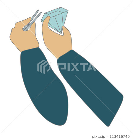 Jeweler Hand holds Big Gemstone and Tweezers. Vector Flat Cartoon Isolated on White Illustration, Jewelry Making concept, Handmade. Design Art Template for Greeting Card, Poster, Banner. Jeweler Hand holds Big Gemstone and Tweezers. Vector Flat Cartoon Isolated on White Illustration, Jewelry Making concept, Handmade. Design Art Template for Greeting Card, Poster, Banner. 113416740