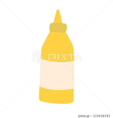 Yellow Mustard Bottle on White background. Vector Isolated Flat illustration of Pungent tasting paste in Plastic Tube. Savory seasoning for Street Food, Burger, Shawarma, Hot Dog and other Meals Yellow Mustard Bottle on White background. Vector Isolated Flat illustration of Pungent tasting paste in Plastic Tube. Savory seasoning for Street Food, Burger, Shawarma, Hot Dog and other Meals 113416741