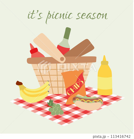 Cartoon Summer Picnic in Park. Flat Vector Poster with Basket, Checkered Plaid, Fruits, Fast Food, Wine And Sauce. Background with Place for Text, Front View. Design illustration for Card, Poster. 113416742