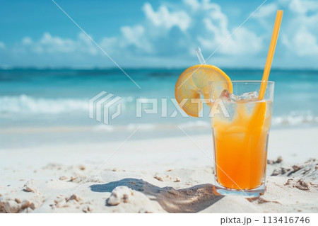 Spring serenity, refreshing drinks on a sandy beach. 113416746