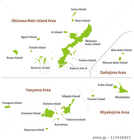 沖縄県全体の地図、離島を含む、英語の島名と地方名 113416855