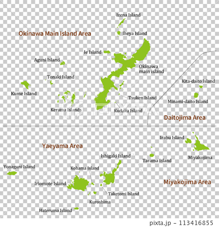 沖縄県全体の地図、離島を含む、英語の島名と地方名 113416855