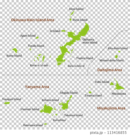 沖縄県全体の地図、離島を含む、英語の島名と地方名 113416855