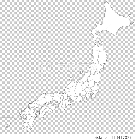 日本の47都道府県、島を省略したシンプルな日本地図、白黒の線画 日本の47都道府県、島を省略したシンプルな日本地図、白黒の線画 113417073