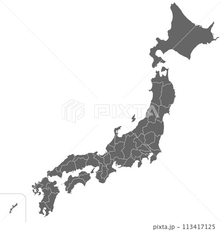 日本の47都道府県、島を省略したシンプルな日本地図、モノクロ 113417125