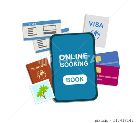 Online booking. on the blue phone. the white vector is isolated. 113417145