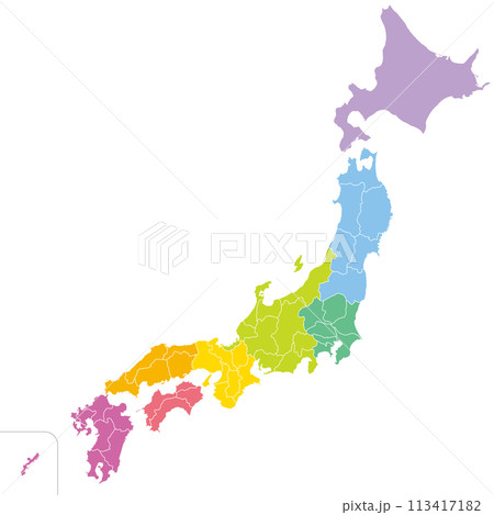 日本の47の都道府県、島を省略したシンプルな日本地図、地方ごとに