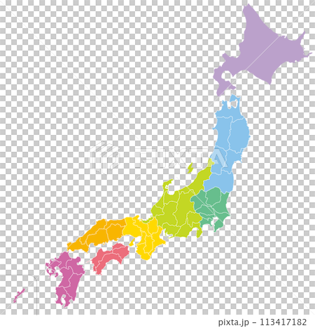 A simple map of Japan omitting the 47 prefectures and islands, color-coded by region 113417182