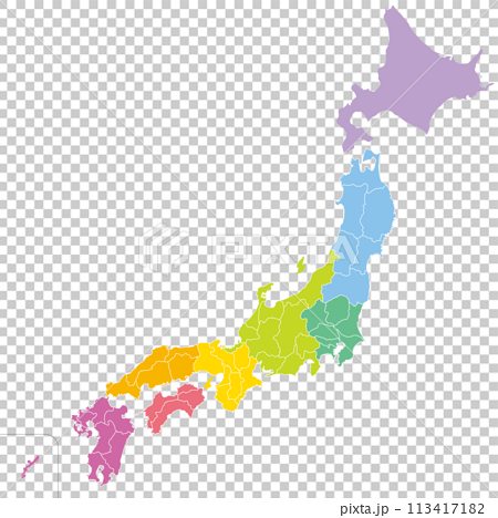 日本の47の都道府県、島を省略したシンプルな日本地図、地方ごとに色分け 113417182