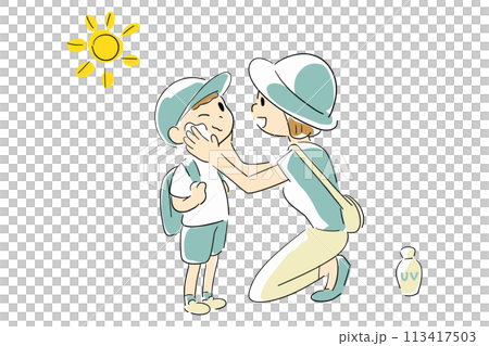 子どもに日焼け止めクリームを塗る女性 113417503