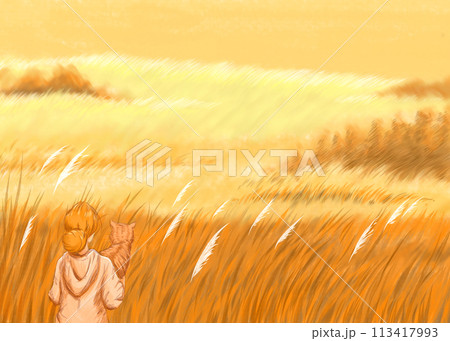 She and the cat in her embrace Looking out into the wide fields 113417993