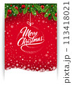 Merry Christmas greeting card on red background with traditional decorations	 113418021