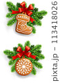 Traditional Christmas decorations with gingerbread cookies isolated on white	 113418026