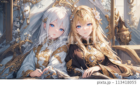 日本画 双子の女性 シルバーフレーム ソファに座る双子の少女のイラスト素材 [113418055] - PIXTA