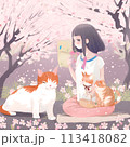 お花見をしている女の子と猫 113418082