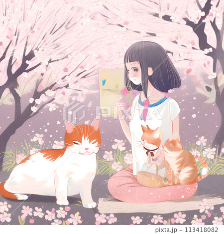 お花見をしている女の子と猫 113418082