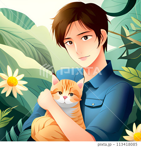 男性と猫のイラスト 113418085
