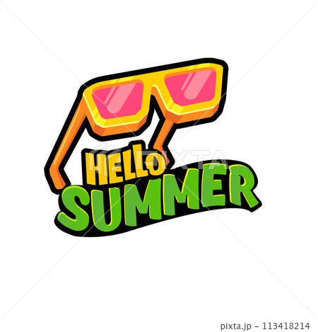 Hello summer vector lettering text with vintage retro yellow sunglasses isolated on white background. Hello summer label, icon, print, banner design template with funny cartoon sunglasses, summer vibe Hello summer vector lettering text with vintage retro yellow sunglasses isolated on white background. Hello summer label, icon, print, banner design template with funny cartoon sunglasses, summer vibe 113418214