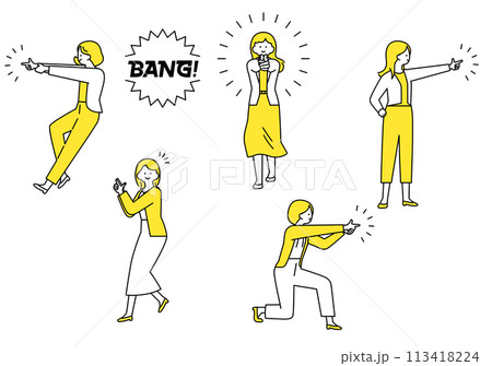 指鉄砲を撃つポーズの女性・バリエーション 113418224