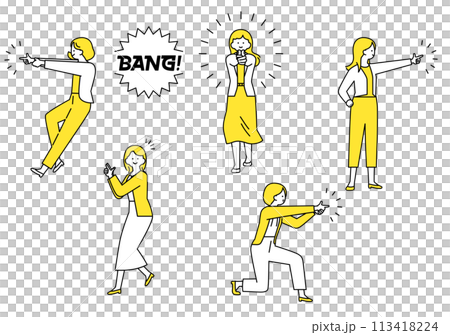 指鉄砲を撃つポーズの女性・バリエーション 113418224