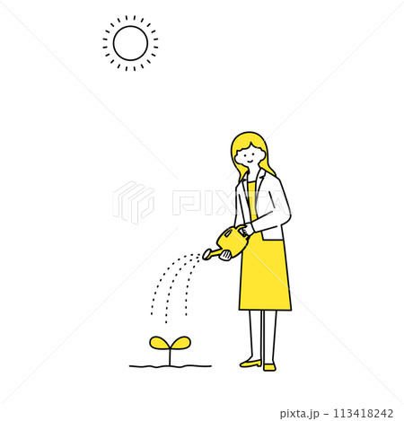 じょうろで水やりをする女性 113418242